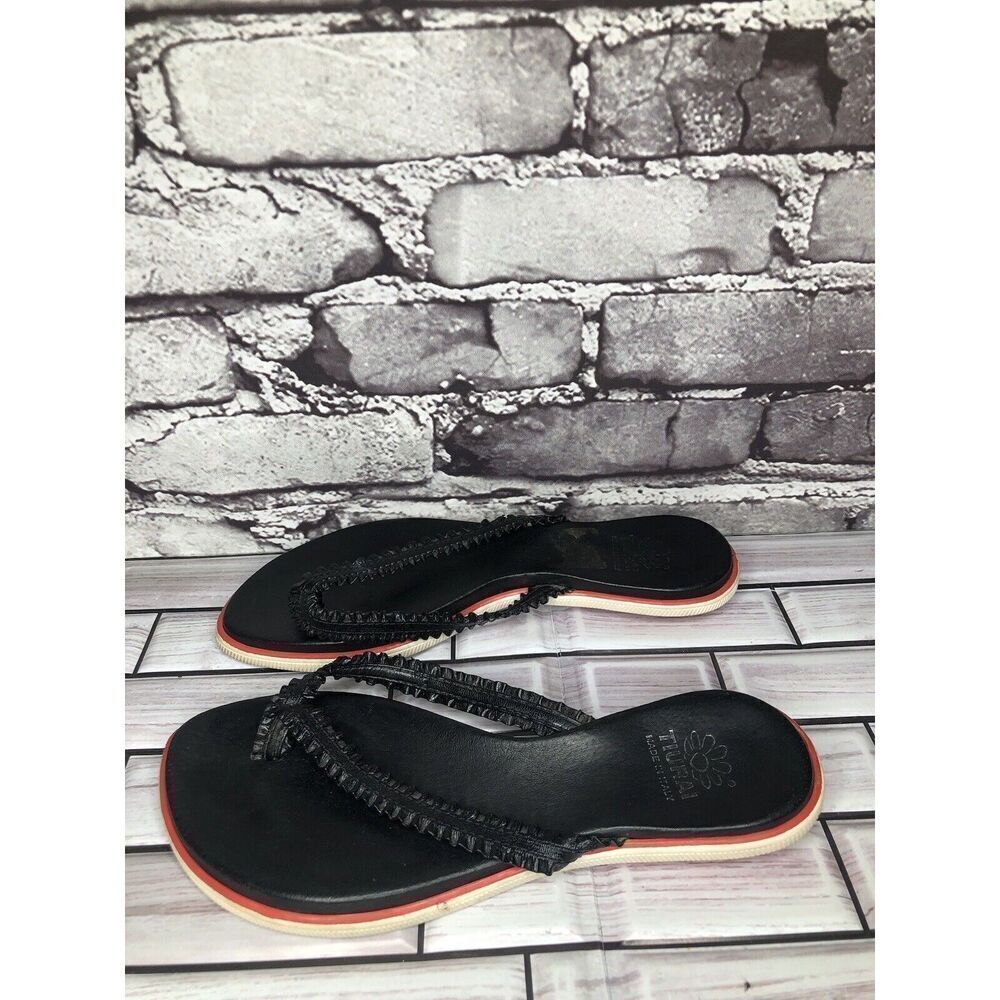 Tiurai Black Leather Thong Flip Flops Slides Kitten Heel Sandals Women’s Sz 37EU